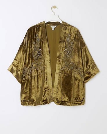 RIVER ISLAND Green Velvet Embellished Duster Kimono Jacket ~ plush wide sleeve floral jackets - flipped
