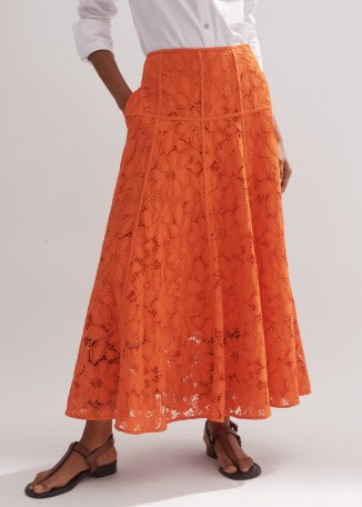 ME AND EM Guipure Lace Skirt in Orange Zing / semi sheer floral skirts / luxe summer fashion