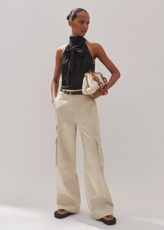 ME AND EM Heavy Satin Statement Cargo Trouser in Champagne / women’s luxe silky side pocket trousers / luxury utility clothing - flipped