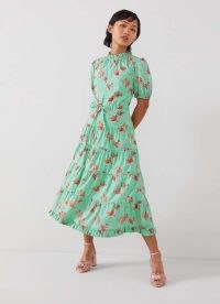L.K. BENNETT Hedy Petite Bouquet Print Organic Cotton Dress ~ green floral ruffle trimmed midi dresses