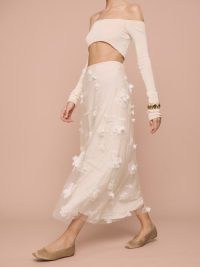 Reformation Gabriella Skirt in Ivory Floral Appliqué / white sheer overlay skirts