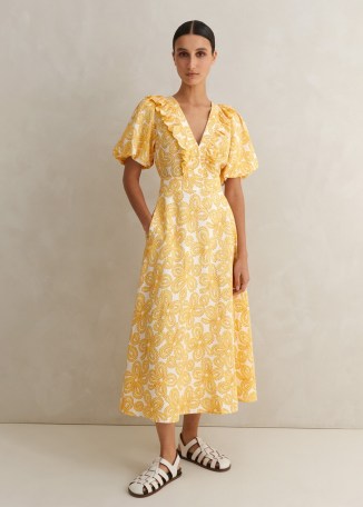 me and em Linen-Blend Lace Print Midi Dress in Light Cream/Yellow/Red – yellow floral puff sleeve dresses – luxury summer fashion – feminine spring clothes