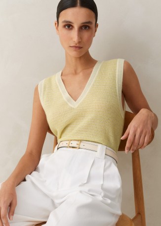 me and em Merino Cashmere Silk Lace Stitch Vest in Dusty Citron/Soft White – women’s light yellow knitted vests – luxe tanks - flipped