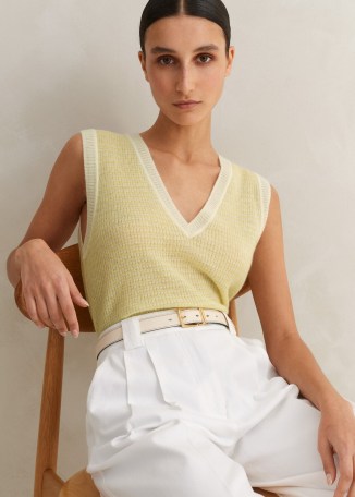 me and em Merino Cashmere Silk Lace Stitch Vest in Dusty Citron/Soft White – women’s light yellow knitted vests – luxe tanks