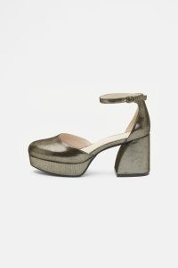 gorman Party Party Heel in Gold – chunky metallic leather platform shoes – block heeled ankle strap platforms