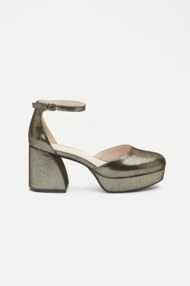 gorman Party Party Heel in Gold – chunky metallic leather platform shoes – block heeled ankle strap platforms - flipped