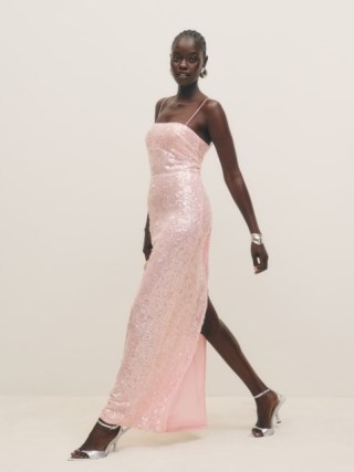 Reformation Frankie Dress in Pink Sequin / strappy sequinned maxi dresses / shimmering evening gown / glittering occasion fashion - flipped