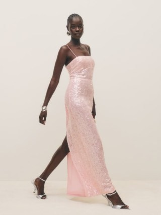 Reformation Frankie Dress in Pink Sequin / strappy sequinned maxi dresses / shimmering evening gown / glittering occasion fashion