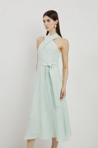 KAREN MILLEN Premium Tailored Linen Halterneck Full Skirted Midi Dress in Sage ~ green halterneck dresses ~ summer clothing