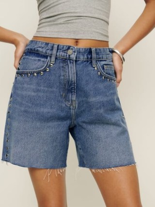 Reformation Raye Mid Rise Relaxed Jean Shorts in Chesapeake Studded ~ women’s relaxed fit denim stud detail short ~ casual summer fashion - flipped