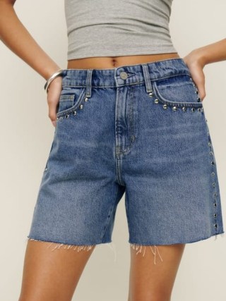 Reformation Raye Mid Rise Relaxed Jean Shorts in Chesapeake Studded ~ women’s relaxed fit denim stud detail short ~ casual summer fashion