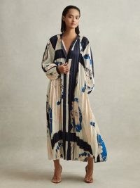 REISS DAIYA PRINTED PLEATED MAXI DRESS BLUE ~ voluminous balloon sleeve tie waist dresses ~ relaxed fit summer occasion fashion