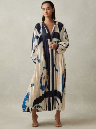 REISS DAIYA PRINTED PLEATED MAXI DRESS BLUE ~ voluminous balloon sleeve tie waist dresses ~ relaxed fit summer occasion fashion - flipped