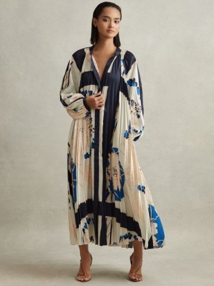 REISS DAIYA PRINTED PLEATED MAXI DRESS BLUE ~ voluminous balloon sleeve tie waist dresses ~ relaxed fit summer occasion fashion