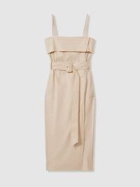 REISS DHALIA CARGO BELTED MIDI DRESS in STONE – wrap style shoulder strap pencil dresses – summer clothing