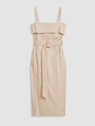REISS DHALIA CARGO BELTED MIDI DRESS in STONE – wrap style shoulder strap pencil dresses – summer clothing - flipped