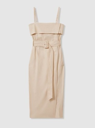 REISS DHALIA CARGO BELTED MIDI DRESS in STONE – wrap style shoulder strap pencil dresses – summer clothing