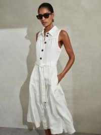 REISS HEIDI VISCOSE LINEN BELTED MIDI DRESS WHITE ~ sleeveless tie waist shirt dresses