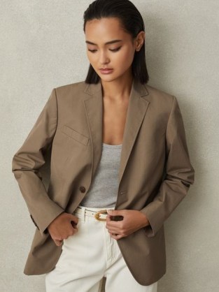 REISS HOPE SINGLE BREASTED COTTON BLAZER in TAUPE ~ women’s brown blazers - flipped