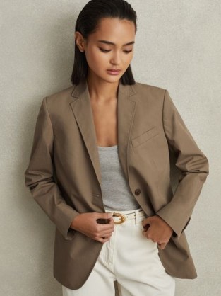 REISS HOPE SINGLE BREASTED COTTON BLAZER in TAUPE ~ women’s brown blazers