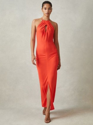 Reiss KIA JERSEY HALTER NECK MIDI DRESS in Orange – cut out halterneck party dresses – chic summer evening occasion clothes - flipped
