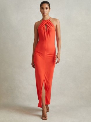 Reiss KIA JERSEY HALTER NECK MIDI DRESS in Orange – cut out halterneck party dresses – chic summer evening occasion clothes