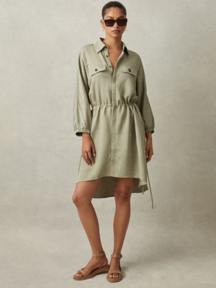 REISS LEIGHTON VISCOSE-LINEN TIE WAIST MINI DRESS in GREEN ~ summer shirt dresses - flipped