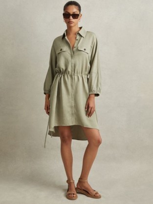 REISS LEIGHTON VISCOSE-LINEN TIE WAIST MINI DRESS in GREEN ~ summer shirt dresses