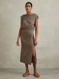 REISS LEONORE RUCHED JERSEY MIDI DRESS MOCHA ~ brown draped cap sleeve cowl neck dresses
