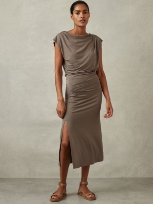 REISS LEONORE RUCHED JERSEY MIDI DRESS MOCHA ~ brown draped cap sleeve cowl neck dresses - flipped