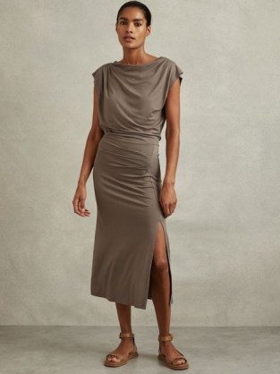 REISS LEONORE RUCHED JERSEY MIDI DRESS MOCHA ~ brown draped cap sleeve cowl neck dresses
