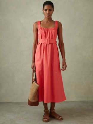 Reiss LIZA COTTON RUCHED STRAP BELTED MIDI DRESS in Coral – sleeveless cut out back summer dresses - flipped