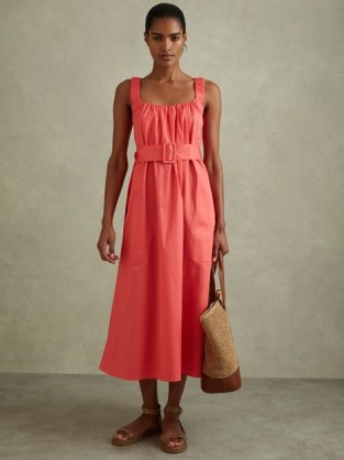Reiss LIZA COTTON RUCHED STRAP BELTED MIDI DRESS in Coral – sleeveless cut out back summer dresses