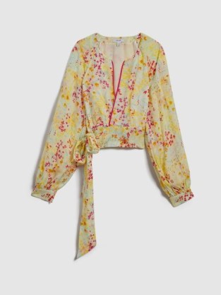 REISS LYLA FLORAL PRINT TIE WAIST CROPPED BLOUSE PINK/YELLOW ~ pink and yellow blouson top ~ balloon sleeve crop hem blouses ~ feminine clothing - flipped