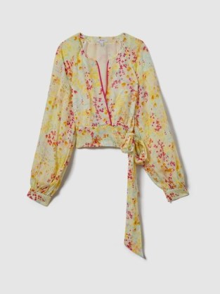 REISS LYLA FLORAL PRINT TIE WAIST CROPPED BLOUSE PINK/YELLOW ~ pink and yellow blouson top ~ balloon sleeve crop hem blouses ~ feminine clothing
