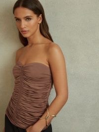 REISS MARINA RUCHED STRAPLESS TUBE TOP MINK ~ chic brown gathered bandeau tops