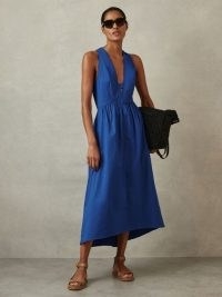 Reiss YANA COTTON BLEND HIGH-LOW MIDI DRESS in Cobalt Blue – sleeveless deep V-neck dip hem summer dresses