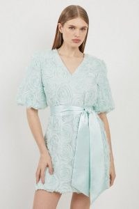 KAREN MILLEN Romantic Rosette Texture Woven Tie Waist Mini Dress in Sage ~ green floral puff sleve occasion dresses