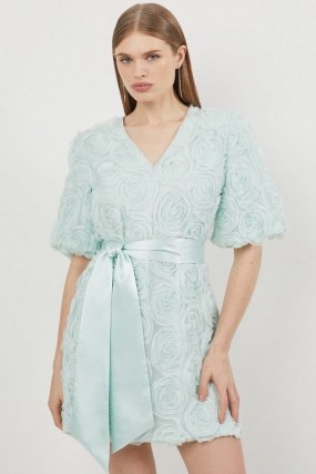 KAREN MILLEN Romantic Rosette Texture Woven Tie Waist Mini Dress in Sage ~ green floral puff sleve occasion dresses - flipped