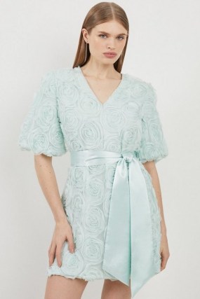 KAREN MILLEN Romantic Rosette Texture Woven Tie Waist Mini Dress in Sage ~ green floral puff sleve occasion dresses
