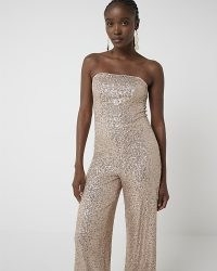 RIVER ISLAND Rose Gold Sequin Bandeau Jumpsuit ~ strapless sequinned jumpsuits ~ 70s vintage inspired disco fashion ~ glittering party clothing