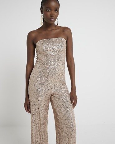 RIVER ISLAND Rose Gold Sequin Bandeau Jumpsuit ~ strapless sequinned jumpsuits ~ 70s vintage inspired disco fashion ~ glittering party clothing - flipped