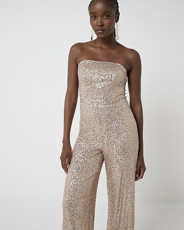 RIVER ISLAND Rose Gold Sequin Bandeau Jumpsuit ~ strapless sequinned jumpsuits ~ 70s vintage inspired disco fashion ~ glittering party clothing