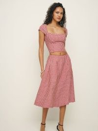 Reformation Savannah Linen Two Piece in Tomato Check – red checked fashion sets – fitted crop top and matching skirt – summer clothing co-ord