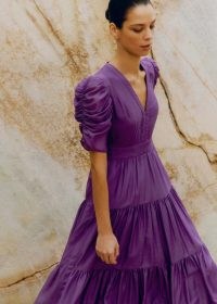 me and em Silk Cotton Maxi Dress in Summer Purple – tierd dresses with puffy ruched sleeves – romantic fashion