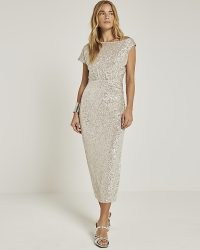 RIVER ISLAND Silver Sequin Off Shoulder Bodycon Midi Dress ~ side ruched sequinned party dresses ~ asymmetric evening occasion fashion
