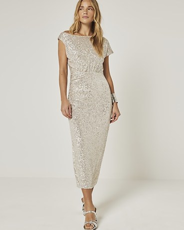 RIVER ISLAND Silver Sequin Off Shoulder Bodycon Midi Dress ~ side ruched sequinned party dresses ~ asymmetric evening occasion fashion - flipped