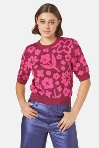 gorman Stencil Knit Top – floral lurex detail tops – tonal pink metallic fibre jumper