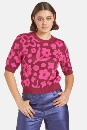 gorman Stencil Knit Top – floral lurex detail tops – tonal pink metallic fibre jumper - flipped