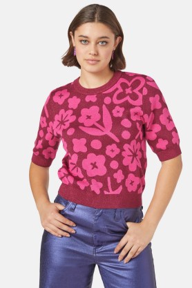 gorman Stencil Knit Top – floral lurex detail tops – tonal pink metallic fibre jumper